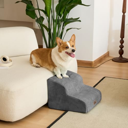 Dripex Hundetreppe 2 Stufen für kleine Hunde & Katzen, gebogen, rutschfest, hochdichter Schaum, für Möbel bis 33cm, sofort einsatzbereit 40×40×30cm Grau