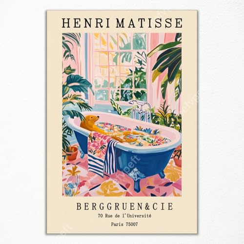 GAINOW Vintage Henri Matisse Leinwandbild, Lustiges Badezimmer-Poster mit Tiermotiv, Lustiger Druck mit süßer Robbe in der Badewanne, Pinkes Dopamin-Badezimmer-Wanddekor 30x40cm ungerahmt