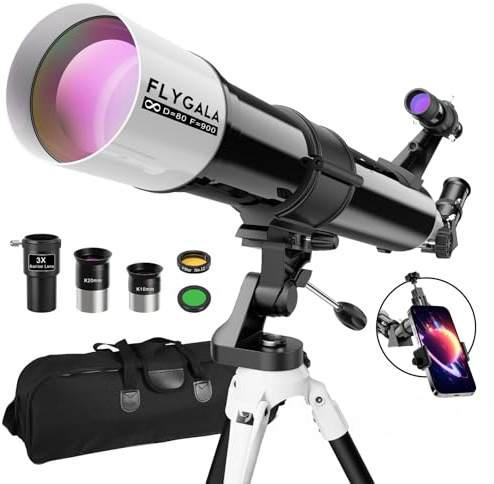 FlyGala Telescope for Adults High Powered Astronomical,80mm Aperture 900mm Professional Refractor Telescopes for Astronomy Beginners 36-270X FMC with AZ Mount Tripod,Carrying Bag,Phone Adapter