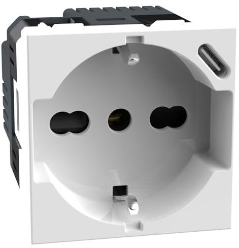 BTICINO MatixGO, Presa Schuko Italiana P40 e Caricatore USB Tipo C, Quick Charge, Presa Elettrica con Alveoli Protetti, Compatibile con Spine Italiane/Schuko, 2 Moduli, Bianco, JW4140A16USB