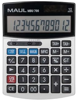 MAUL Tischrechner schwarz MBU 700 12-stellig LCD Solar Batterie | gut ablesbare Schräganzeige, komfortable Steuer- und Margenfunktionen, Doppel-Null-Taste, handliches Format fürs Büro
