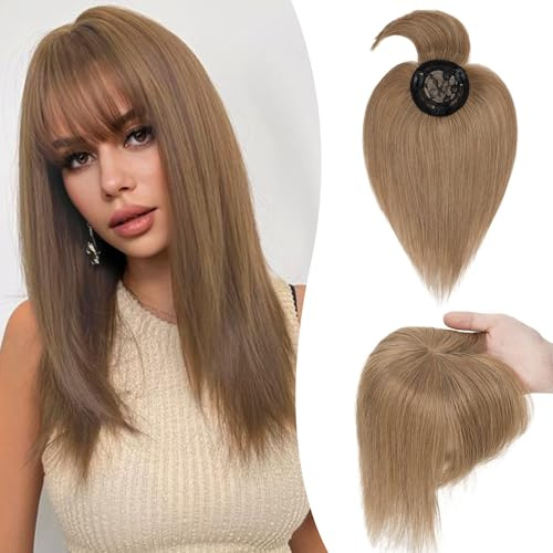 S-noilite Topper für Frauen Echthaar mit Pony 150% Dichte Toupet Haarteil Echthaar Damen Haarverdichtung für Dünnes Haar Mono Basis Haarverlängerung 25cm - 32g #6 Hellbraun