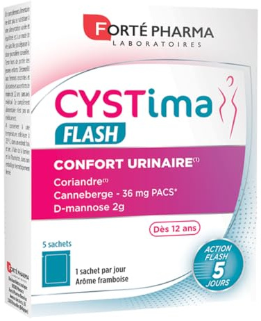 Forté Pharma Confort urinaire femme Cystima Flash 5 sachets dès 12 ans | Elimination, Bien etre, Action rapide, Coriandre, D mannose, Cranberry, Arôme framboise, 1 sachet par jour