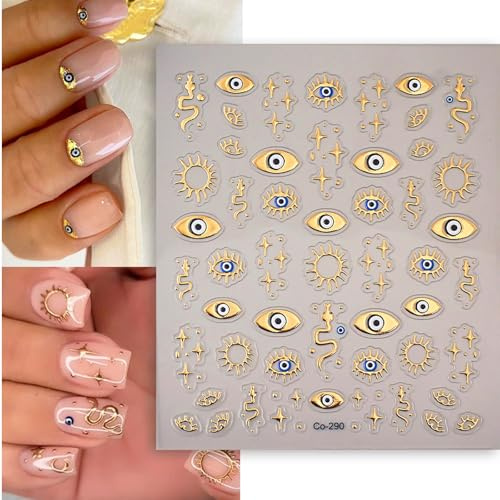 TELAIN 3D Gold-Nagelsticker, Böser Blick & Stern-Schlange-Nageldesigns, Selbstklebende Nageldekoration für Frauen & Mädchen, DIY-Maniküre-Zubehör, 1 Blatt
