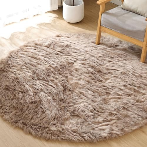 ORINOVA Teppich Rund Beige 150 cm Flauschig Fellteppich Kunstfell Schlafzimmer Wohnzimmer Bettvorleger Waschbar Weich Kuschelteppich