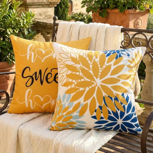 Kissenbezüge 40x40 Senfgelb Blau Dahlien Blumen Kissenbezug Gelb Herbst Kissenhülle Sofakissen Zierkissen Dekokissen Pillow Case für Sofa Couch Wohnzimmer Schlafzimmer Außenbereich Deko 2er Set