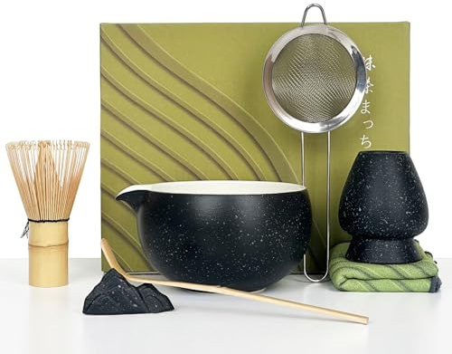 Matcha Set, 7Pc Matcha Whisk Bowl Tea Kit Accessories, Ceramic Bowls Sieve Bamboo Spoon and Whisks Broom Holder, for Beginners and Enthusiasts Gift - Black