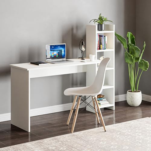 [en.casa] Escritorio Chagtuniejle con Estantería Incorporada de 5 Niveles Práctica Mesa de Ordenador Rectangular (120x45 cm) con 5 Estantes Hogar Oficina Aglomerado 150 x 45 x 120 cm Blanco