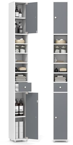 LIFEZEAL Meuble Colonne Salle de Bain Haute, Armoire de Rangement Étroite avec 5 Étagères Réglables,1 Tiroir,5 Compartiments,2 Portes, Meuble WC pour Salle de Bain Cuisine,20 x 20 x 180cm (Gris+Blanc)