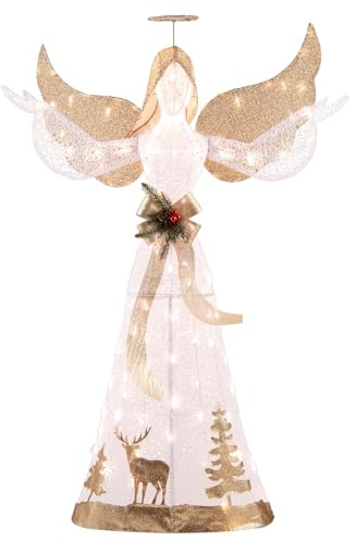 FANTASK Weihnachtsdeko beleuchtet, 150 cm, großer Weihnachtsfigur mit 100 warmweißen LED-Lichtern, Heiligenschein, Schleife, Weihnachtsdeko, Weihnachtsdekoration Outdoor für außen und innen