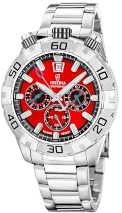 Festina Herrenuhr Chronograph aus Edelstahl 316L | Quarzuhr, Kalender, Widerstandsfähiges Glas, Wasserdicht 10 ATM, F20743/5, The Originals, Rotes Zifferblatt