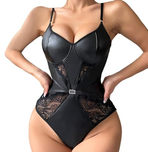 Générique Robe Sexy Femme Chic Lingerie Cuir Tenue Érotique Hot Porte-Jarretelle Costume Body Dentelle Ensemble Porte Jarretelle Cuir, Latex Et Vernis Érotiques Chaude Ouvert Entrejambe String