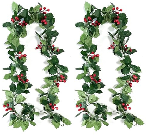 DAVBNM 2PCS Berry Green Leaves Christmas Garland, 2.0M Artificial Wreath, Beautiful Garland Decoration for Fireplace, Stair, Front Door, Stairs Fireplace, Xmas Tree Decor