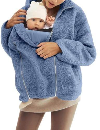 Giacca premaman da donna 2 in 1, giacca invernale calda con orsacchiotto, soffice giacca in pile spesso caldo cappotto premaman da donna, Blu, XXL