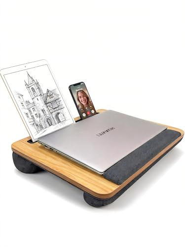 Lap Desk för bäddsoffa – 40 x 34 cm laptopbricka med kudde, handledsstöd, bärbart trämönster laptopbord för 15,6 tum bärbar dator, lätt bord för arbete eller studier – ljusbrun