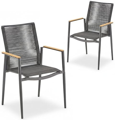 Liadomo Gartenstuhl 2er-Set Mannoli, 2 Stück Rope-Stuhl, Teak-Armlehnen | Stapelstuhl, Rope-Geflecht, Textilgewebe, Aluminiumgestell, stapelbar, fertig montiert