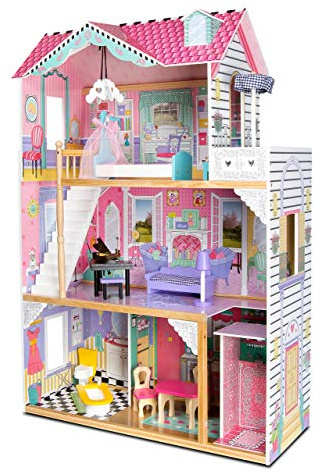 BAYAGU Puppenvilla aus Holz mit Möbeln und Zubehör, 3 Etagen Spielhaus mit Aufzug, Terrasse und Zimmern, für Puppen bis 30 cm, pädagogisches Rollenspielzeug, Geschenk ab 3 Jahre