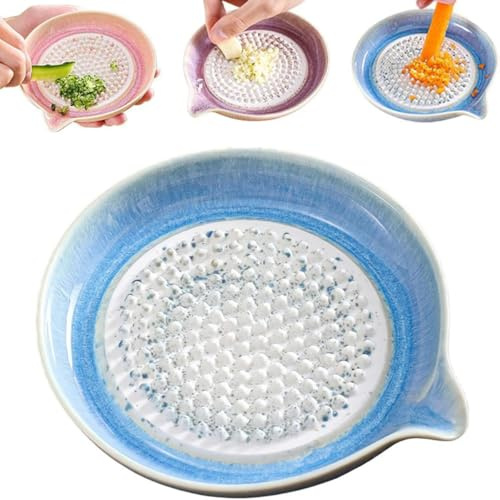 Ceramic Grater Plate Multipurpose Food Grinder Gradient Kitchen Tool with Integrated Spout for Ginger Garlic Fruits Vegetables Sauce Making (Blue)