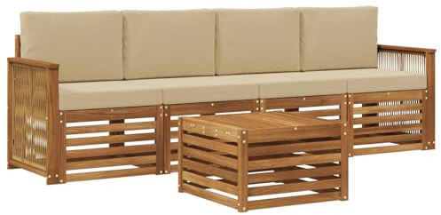 vidaXL Outdoor-Sofagarnitur 5 pcs Natur und Beige Massivholz Akazie, Garten Lounge-Sofa, strapazierfähige Außensitzgruppe, modernes Terrassenmöbel, bequemer Wohnbereich