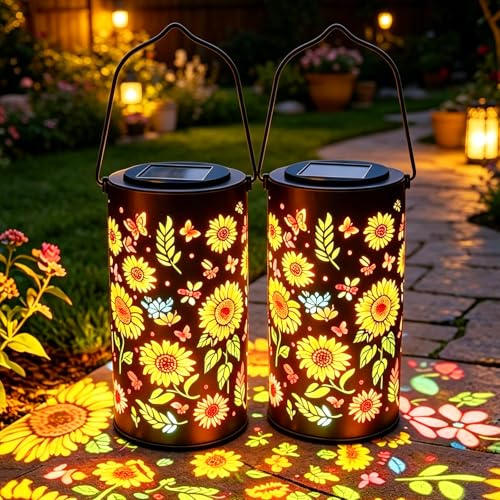 Farolillos Solares Exterior,2 Piezas Linternas Solares de Metal para Jardin,Farolillos Solares de Girasoles,Solar Farolillos para Exteriores,para Jardín Balcón Césped Camping Decoracion