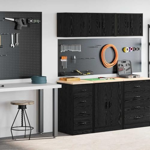 Kaloriko garageskåp 2 st. svart, trämaterial, industriskåp, verktygsskåp med vingdörr, bänkskiva för verkstad, lager och kommersiell med låda och hylla till snyggt