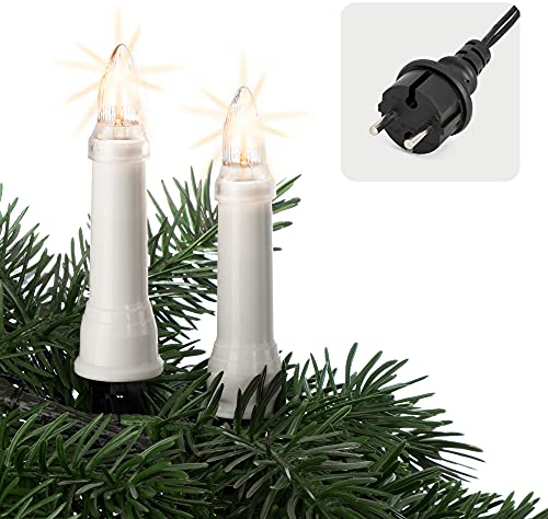 hellum Christbaumbeleuchtung für innen & außen, 16x Riffel-Kerzen je 20 Lumen, Schaft weiß, Weihnachtsbaum Lichterkette mit grünem Kabel, Fassungsabstand 45 cm, inkl. Ersatzlämpchen 640151