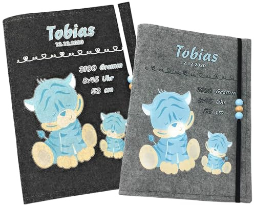 U Heft Hülle und Impfpass aus Filz - Personalisiert mit Namen - Untersuchungsheft Schutzhülle - Babygeschenke zur Geburt - Kinderuntersuchungsheft Mädchen und Junge - Tiger hellblau