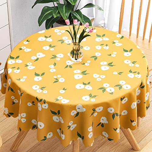 Ricemru Wachstuchtischdecke Rund 140cm Gelb Gardenie Blumen Lotuseffekt Fleckabweisend Tischdecke Abwaschbar Wachstuch Garten Wachstischdecke Gartentischdecke