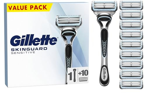 Gillette SkinGuard Sensitive Razor for Men, 1 Men's Razor Handle with 10 Blade Refills, Gentle Shave for Sensitive Skin, Reduces Irritation and Bumps
