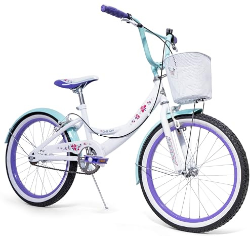 Huffy Girly Girl - Bicicleta para niñas de 20 Pulgadas + Cesta, Color Blanco, Azul y Morado de 6 a 9 años.