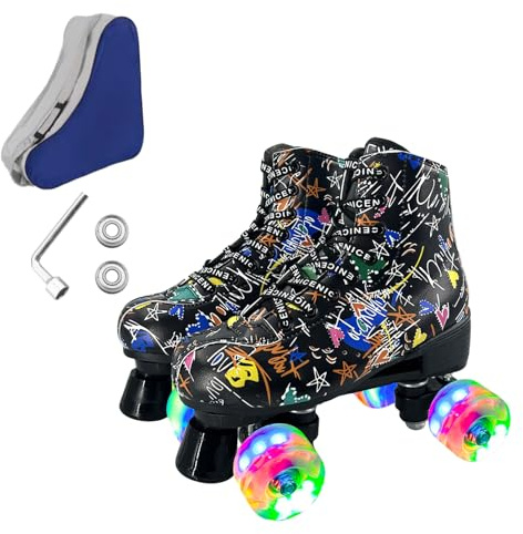 ugboiu Roller Skates for Men and Women, Black Derby Roller Skates with 4 Shiny Wheel, Classic Double-Row Roller Skates for Indoor and Outdoor