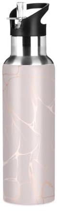 HMZXZ Water Bottle with Straw Leakproof Hot Water Bottle Marble Rose Gold Vacuum Insulated Bottle for Girls Boys Sports 600ml