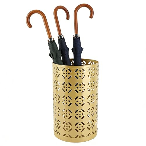 WGFOIP Regenschirmständer, metallener Schirmständer mit hohlem Design und rundem Kupfermuster, rostfrei und kompakt, Regenschirmhalter, für Eingangsbereich, Büro oder Zuhause, Gold, 23x15x15cm