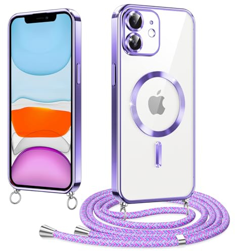 Woijrly Magnetische Handyband mit Band für iPhone 11 Hülle, [Kompatibel mit Magsafe] Handyhülle Case mit justierbarer Schnur Abnehmbar Strap, Crossbody Schutzhülle zum Umhängen Kordel, Lila
