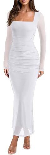 REORIA Long Sleeve Wedding Guest Maxi Dresses for Women Sheer Mesh Square Neck Ruched Bodycon Long Dress Fall Outfits | Sheer Mesh,Square Neck,Slim Fit,Ruched Formal Long Dress,2026 Fall Winter Outfits,Cocktail,Club & Night Out,Fashion Clothes