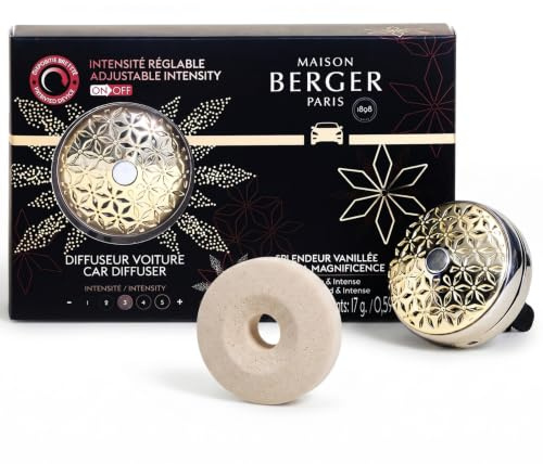 MAISON BERGER Diffuseur Voiture Pomelis Splendeur Vanillée, Clip & Recharge | Clip métal pour grille d'aération, recharge Pomelis Splendeur Vanillée incluse, diffusion passive environ 4 semaines