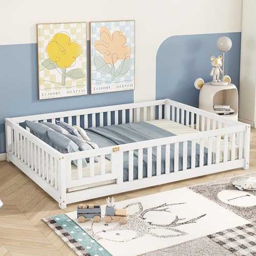 Bellemave Full Size Floor Bed with Slats and Safety Guardrail, Full Size Montessori Floor Bed with Fence and Door, Easy Assemble Montessori Beds for Kids, Girls, Boys, White