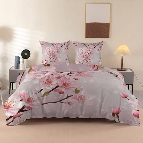 Parure de Lit 90x190 Enfant Fleur de Cerisier Japonais - Housse de Couette 1 Personne Branches Réversible avec Fermeture éclair + 2 Taies d'oreiller 65x65 cm, Doux Linge de lit en Microfibre, Rose