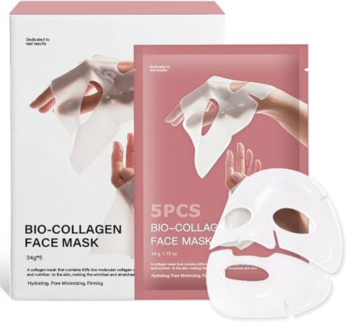 5 Piezas Mascarilla Facial de Colágeno, Bio Collagen Máscara Cuidado Facial, Anti-Edad, Profunda Hidratante & Reafirmante, Máscara apta para todo tipo de piel