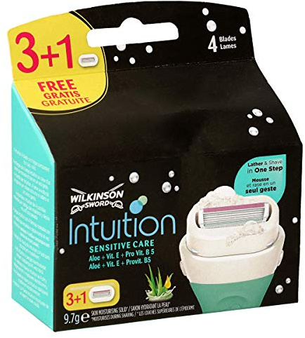 Wilkinson Sword Intuition Sensitive Care - Pack 3+1 Recambios Intuition con Bandas Protectoras e Hidratantes de Aloe Vera, Vitamina E y Vitamina B5 - 4 Recambios