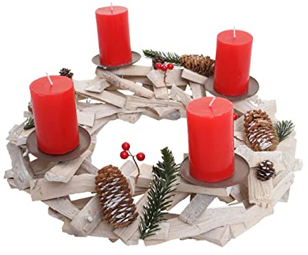 Mendler Adventskranz rund Ø 40cm weiß-grau - mit Kerzen, rot | Weihnachtsdeko, Tischkranz, Holz