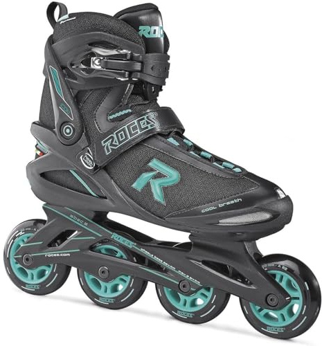 Roces Women's ICON Outdoor Breathable Fitness Comfort 4 80mm Wheels Racing Inline Skates with Memory Buckle, Easy Entry Boots, Glass Fiber Reinforced Shell & Frame, Black/Aqua, 9
