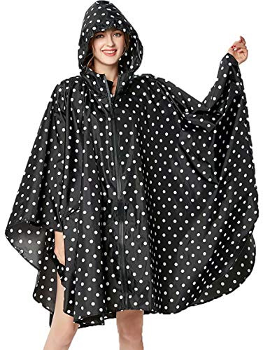 Rain Poncho for Women Adults Hooded Jacket Waterproof Reusable Hiking Rain Coat with Pockets- Black Polka Dot