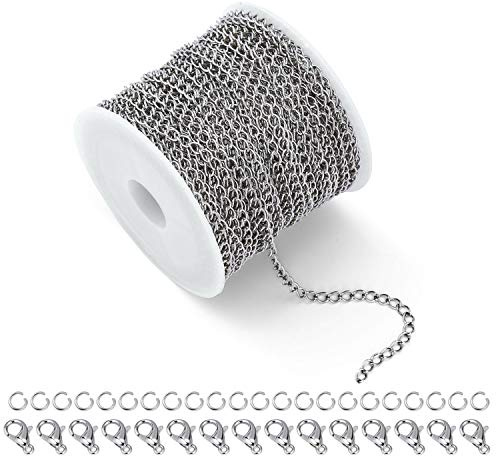ALEXCRAFT 33 fots kedjor Craft Link Chain Rostfritt stål Kabelkedja Silverhalsband med 20 hummerlås och 50 hoppringar för smycketillverkning, silver (3 mm)