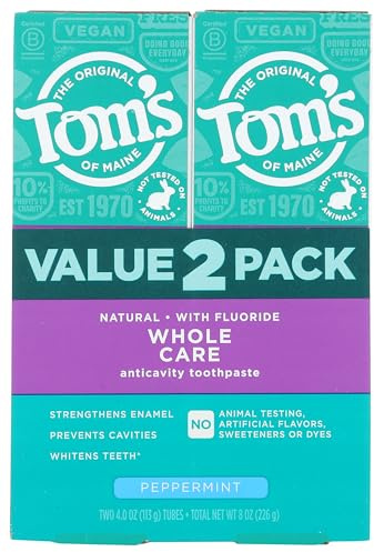 Tom's of Maine Whole Care Natural Toothpaste with Fluoride, Peppermint, 4 oz. 2-Pack (Packaging May Vary)