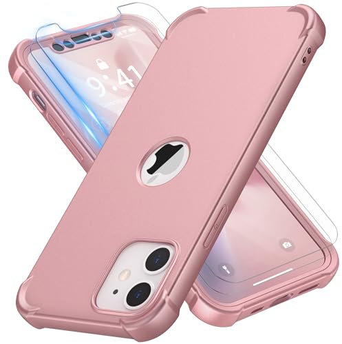 ORETECH for iPhone 12 Case, iPhone 12 Pro Case, with [2 x Tempered Glass Screen Protector] Heavy Duty Protection Silm Hard PC Silicone Rubber Bumper Cover - Rosegold