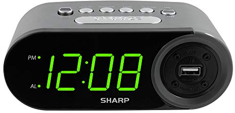 Sharp Digital Easy to Read Alarm Clock with 2 AMP High-Speed USB Charging Power Port - Charge Your Phone, Tablet with a high Speed Charge! Simple, Easy to Use Operation, Black – Green LEDs