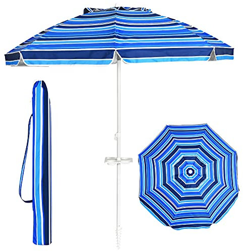 GOPLUS Parasol Plage 2,2M, Parasol de Jardin Patio Terrasse Inclinable avec Porte-gobelet, Protection Solaire et Auvent Démontable, Sac de Transport, H.173CM (Bleu Foncé)
