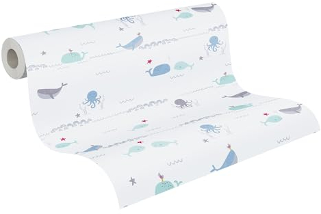A.S. Création Kinderzimmertapete Little Love Tapete mit niedlichen Unterwasser Tieren PVC-freie Vliestapete blau grau weiß grün rot seidenmatt glatt 381301