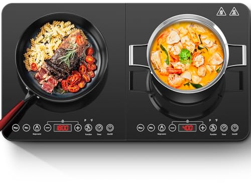 Aobosi Double Induction Cooktop,Portable Induction Cooker with 2 Burner Independent Control,Ultrathin Body,10 Temperature,1800W-Multiple Power Levels,4 Hour Timer,Safety Lock